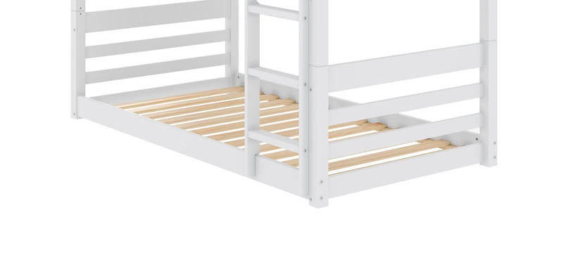 Gemma Twin Over Twin House Bunk Bed with Roof, Built-in Ladder & Guardrails for Kids - White