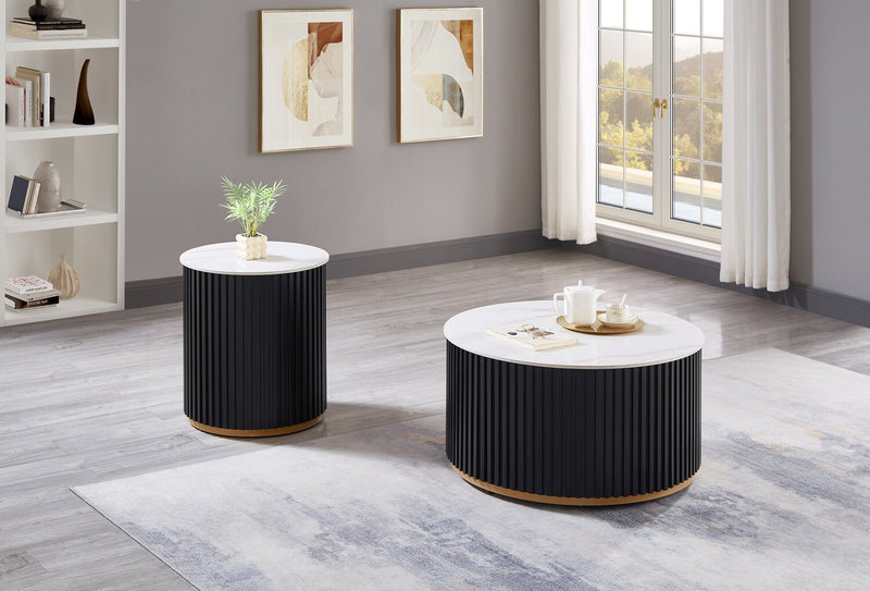 Kort & Co. Capri 20” Modern Round End Table with White Sintered Stone Top - Black and Gold
