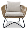 Sicily 3-Piece Outdoor Patio Conversation Set with 2 Chairs & Round Metal End Table - Resin Wicker, UV & Weather Resistant - Natural/Black | Ensemble de conversation Sicily 3 pièces pour la terrasse à l’extérieur avec 2 fauteuils et table