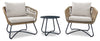 Sicily 3-Piece Outdoor Patio Conversation Set with 2 Chairs & Round Metal End Table - Resin Wicker, UV & Weather Resistant - Natural/Black | Ensemble de conversation Sicily 3 pièces pour la terrasse à l’extérieur avec 2 fauteuils et table