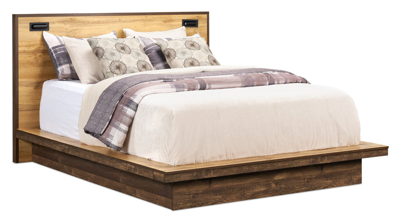 Silas Platform Bed with Headboard & Frame, LED, Rustic Brown - Queen Size