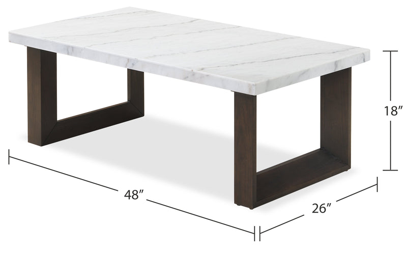 Silvia 48\" Modern Coffee Table - White and Grey Marble Look with Brown Wood Legs