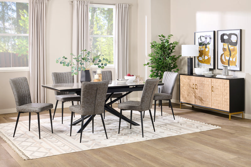 Tavo Dining Table with 63-79\"W Extension, Sintered Stone & Metal, Geometric Pedestal Base - Grey/Black