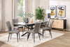 Tavo Dining Table with 63-79"W Extension, Sintered Stone & Metal, Geometric Pedestal Base - Grey/Black | Table de salle à manger Tavo en pierre frittée et métal avec rallonge de 63 po à 79 po (L) et base piédestal géométrique - grise et noire