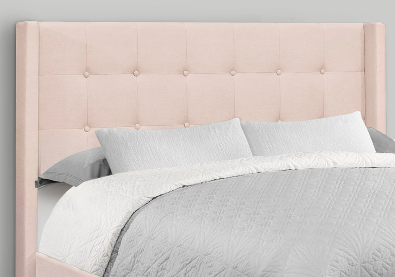 Zara Upholstered Bed in Pink Linen-Look Fabric - Button Tufted - Queen Size