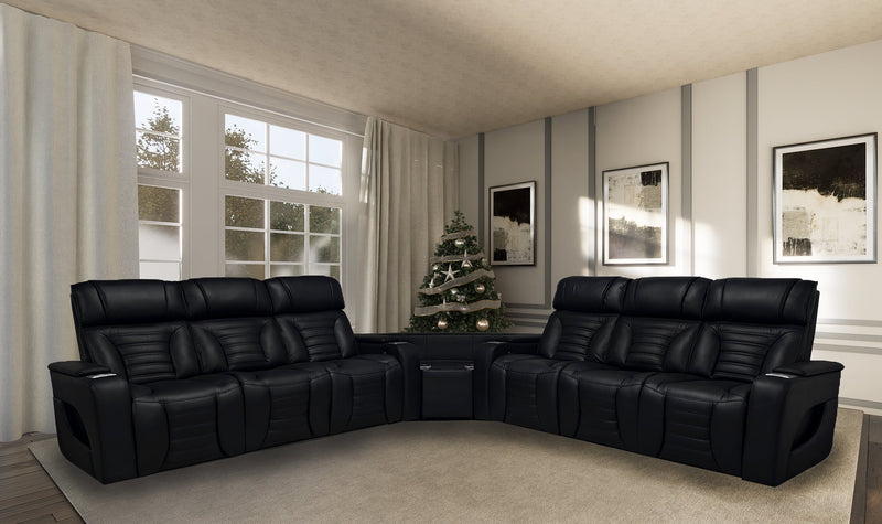 Zen 3-Piece Leather-Look Fabric Power Reclining Sectional with Massage and Two Drop-Down Consoles - Black