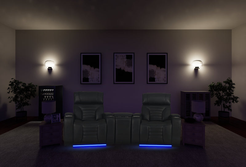Zen 3-Piece Leather-Look Fabric Home Theatre Power Reclining Sectional with Massage and Storage Console - Black