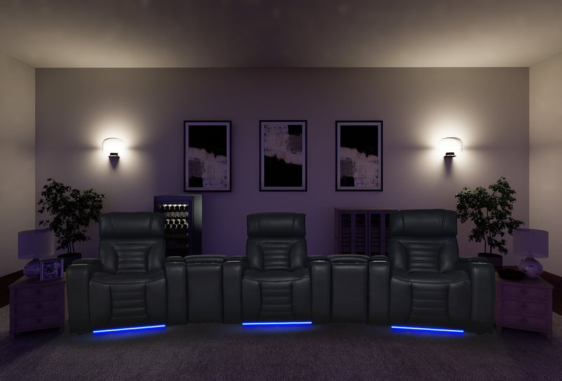Zen 5-Piece Leather-Look Fabric Home Theatre Power Reclining Sectional with Massage and Two Storage Consoles - Black