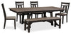 Zao 6pc Dining Set with Table, Bench & 4 Chairs, 66-94\"W Extension, Melamine - Brown