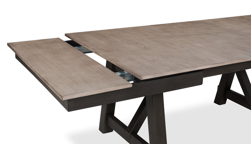 Zao Dining Table with 66-94\"W Extension, Melamine, Trestle Base - Brown