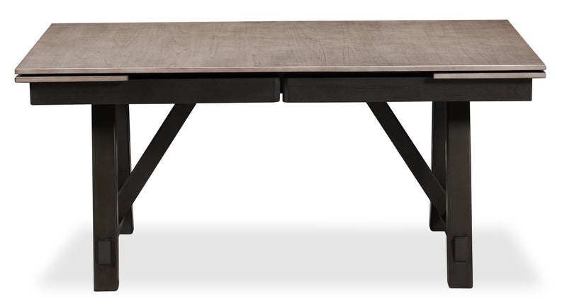 Zao Dining Table with 66-94\"W Extension, Melamine, Trestle Base - Brown
