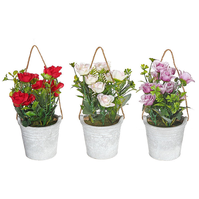 Artificial Roses in Cement Hanging Pot - Set of 3 Artificial Flower