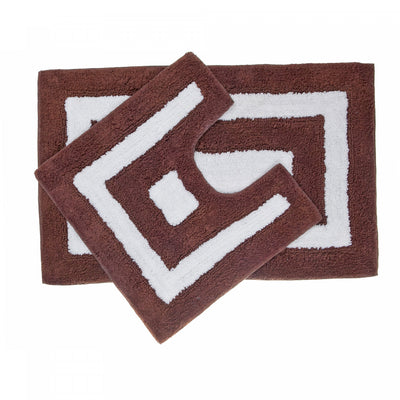 2pc Cotton Bathmat Set White/Chocolate Border Bathmat|Ensemble de 2 tapis de salle de bain blancs en coton avec bordure chocolat