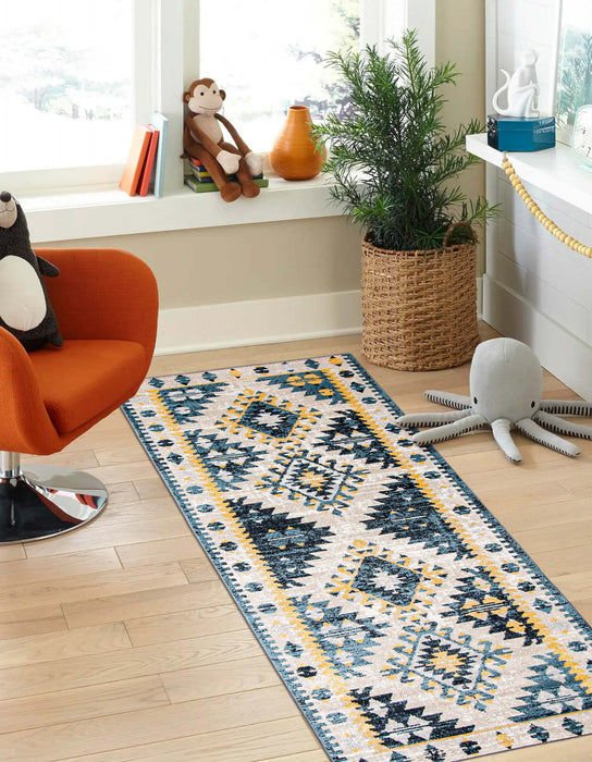 Mosaic Taupe/Blue Machine Washable Area Rug - 2'6\" x 8'0\"