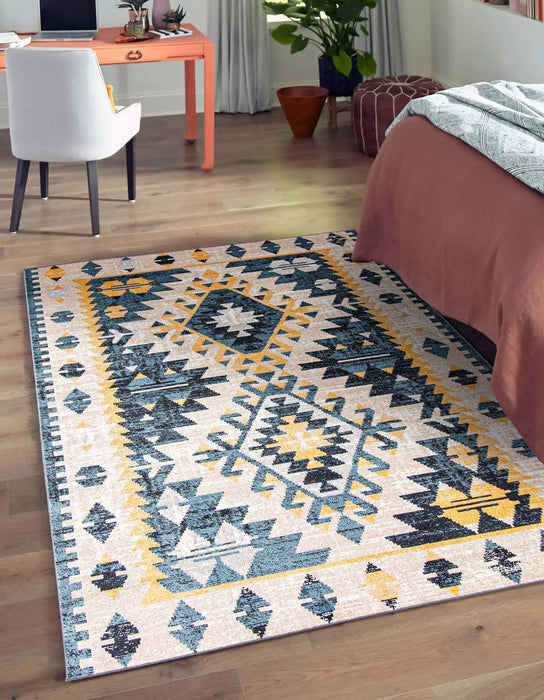 Mosaic Taupe/Blue Machine Washable Area Rug - 5'0\" x 7'0\"