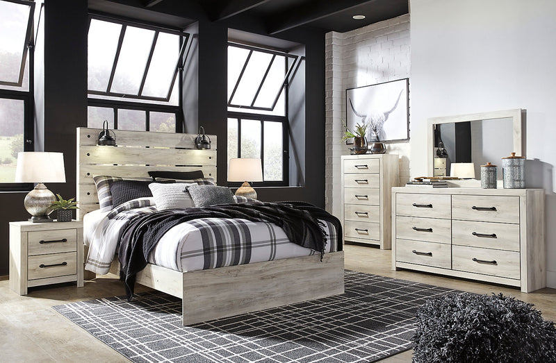 Abby Panel Bed with Headboard & Frame, LED, USB, White - Queen Size