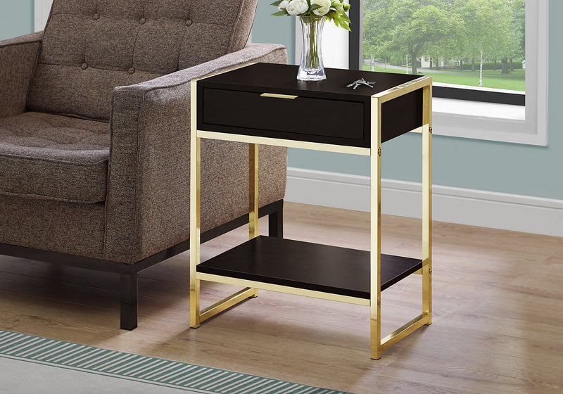 Alice 19.5\" Accent Table With Storage & Shelf - Cappuccino with Gold Accents