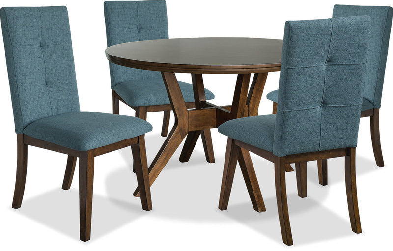 Chelsea 5pc Dining Set with Table & 4 Blue Chairs, 48\"W Round - Walnut Brown