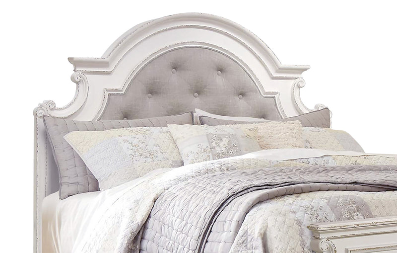 Grace 5pc Bedroom Set with Bed, Dresser & Mirror, Wooden, Fabric, Antique White - Queen Size