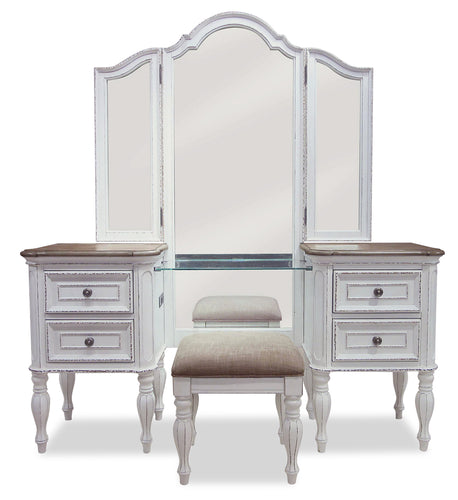 Grace Bedroom Vanity Set with Stool, Mirror, Built-in Power Outlets & USB Ports - Antique White 