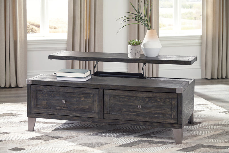 Hilla  54.38\" Industrial Lift Top Coffee Table with Storage - Dark Brown Wood with Metal Legs