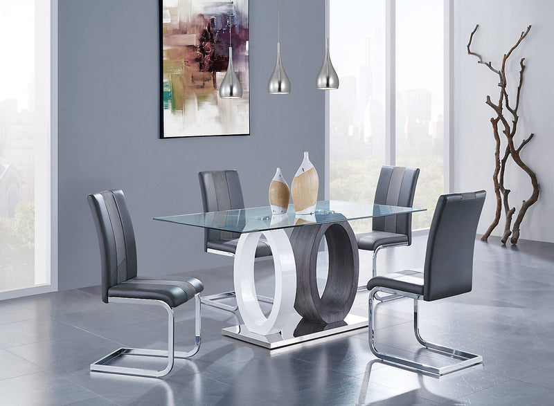 Jaye 5pc Dining Set with Table & 4 Chairs, Glass Top, Pedestal Base, 63\"W - Grey & White