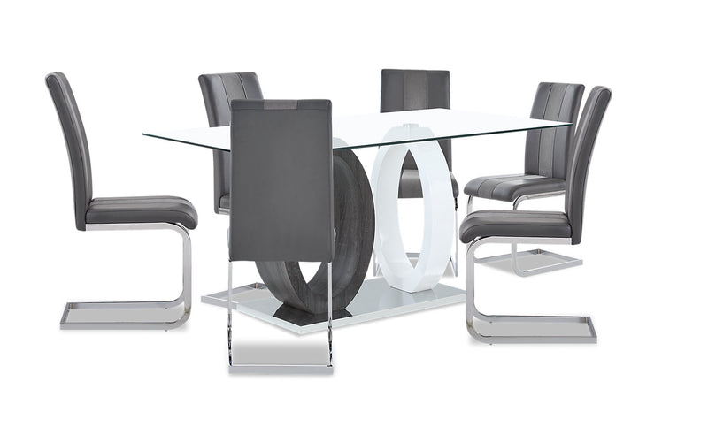 Jaye 7pc Dining Set with Table & 6 Chairs, Glass Top, Pedestal Base, 63\"W - Grey & White