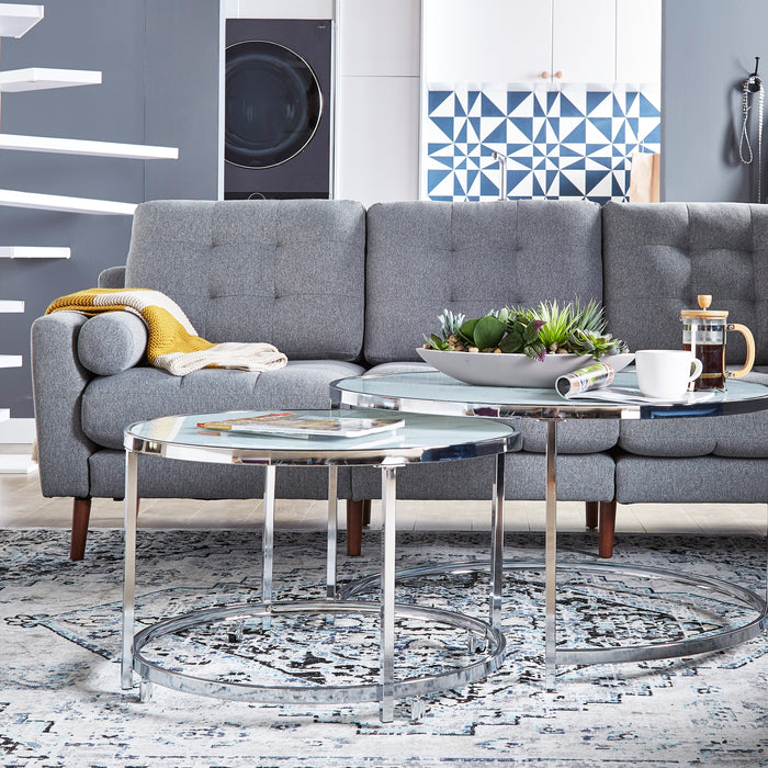 Josie 36\" Glam Round Glass Top Nesting Coffee Tables - Grey Marble Look with Metal Legs