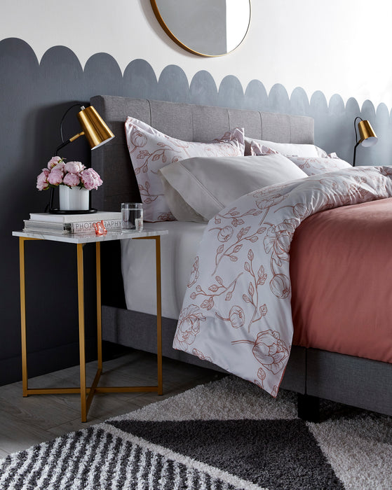Tara Upholstered Bed in Grey Linen-Look Fabric, Button Tufted - Queen Size