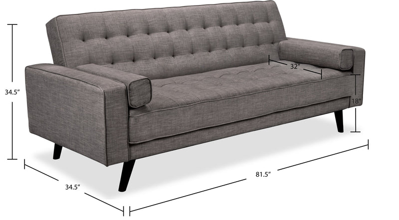 Avery 81.5\" Linen-Look Fabric Klik Klak Futon with Tufting and Two Armrest Pillows - Grey