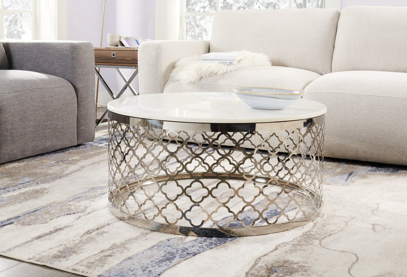 Belle 36\" Glam Round Sofa Table - White Marble Top with Stainless Steel Base
