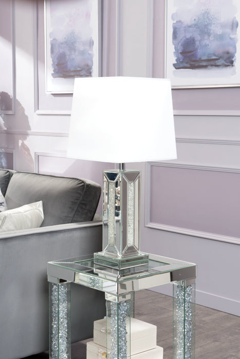 Berni 18\" Glam Mirror & Glass Top End Table with Shelf - Silver Metal with Diamond Look Legs