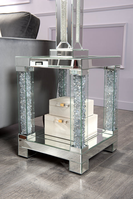 Berni 18\" Glam Mirror & Glass Top End Table with Shelf - Silver Metal with Diamond Look Legs