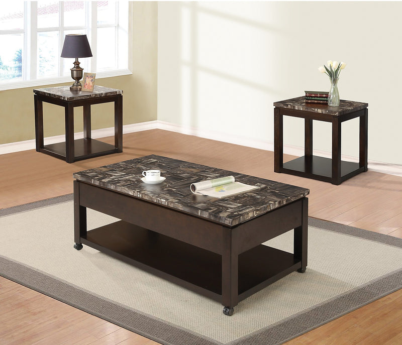 Sicily 22\" Traditional End Table with Shelf - Dark Brown Base with Weathered Marble Look Top