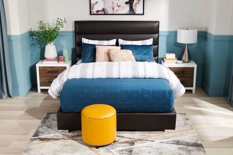 Kort & Co. Clay Upholstered Platfom Bed in Brown Vegan-Leather Fabric, Tufted - Queen Size