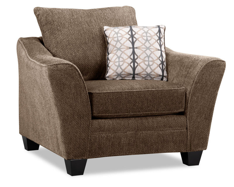 Made in Canada Febe 43\" Chenille Fabric Condo Size Chair with Flared Arms and Wood Legs - Brown