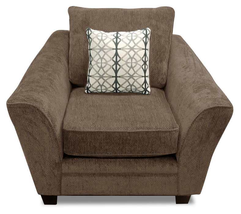 Made in Canada Febe 43\" Chenille Fabric Condo Size Chair with Flared Arms and Wood Legs - Brown