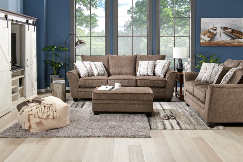Made in Canada Febe 75\" Chenille Fabric Loveseat with Flared Arms and Accent Pillows - Brown