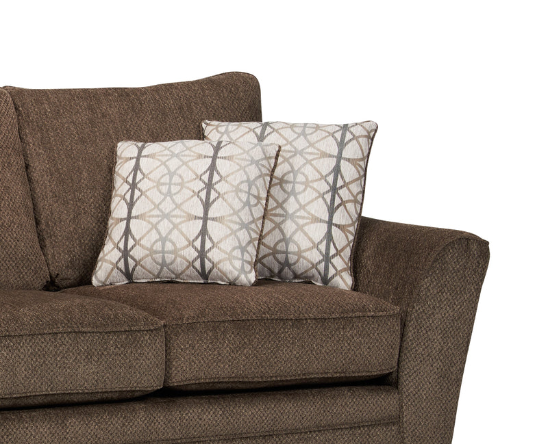 Made in Canada Febe 85\" Chenille Fabric Full-Size Condo Sofa Bed with Flared Arms and Accent Pillows - Brown