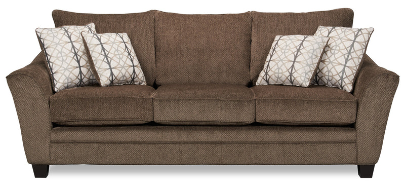 Made in Canada Febe 85\" Chenille Fabric Full-Size Condo Sofa Bed with Flared Arms and Accent Pillows - Brown