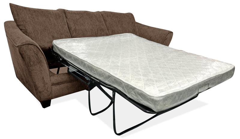 Made in Canada Febe 85\" Chenille Fabric Full-Size Condo Sofa Bed with Flared Arms and Accent Pillows - Brown