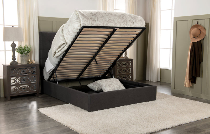 Jace Upholstered Storage Platform Bed in Grey Fabric, Tufted - Full Size