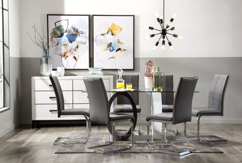 Jaye Dining Table with Glass Top, Pedestal Base, 63\"W - Grey & White