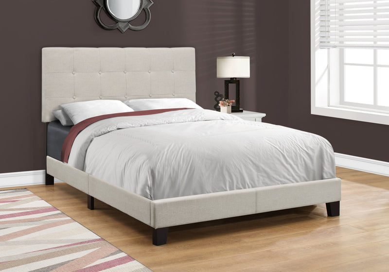 Tara Upholstered Bed in Beige Linen-Look Fabric, Button Tufted - Full Size