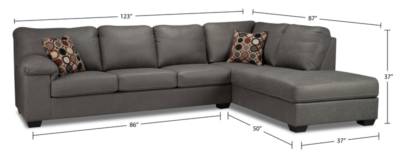 Made in Canada Morty 2-Piece Right-Facing Leather-Look Fabric Sofa Bed Sectional with Accent Pillows - Grey