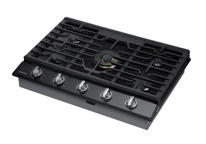 Samsung 36\" 5-Burner Smart Gas Cooktop with 22K BTU Dual Power Burner + Griddle & Wok Grate - Black Stainless Steel - NA36N7755TG/AA