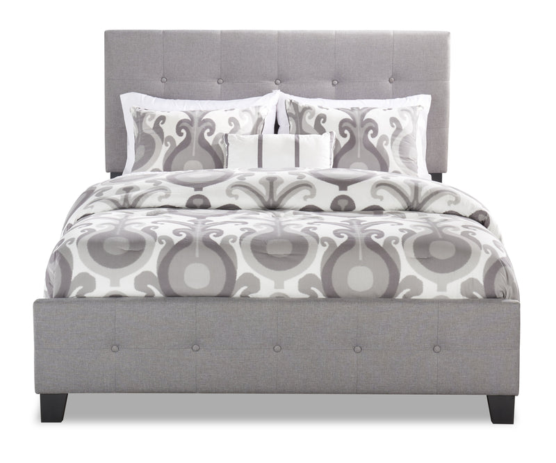 Page Upholstered Bed in Grey Linen-Look Fabric, Button Tufted - Queen Size