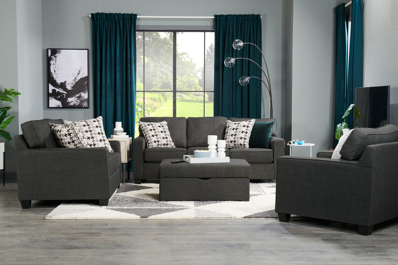 Made in Canada Sawyer 57\" Linen-Look Fabric Loveseat with Reversible Cushions and Accent Pillows - Charcoal Grey