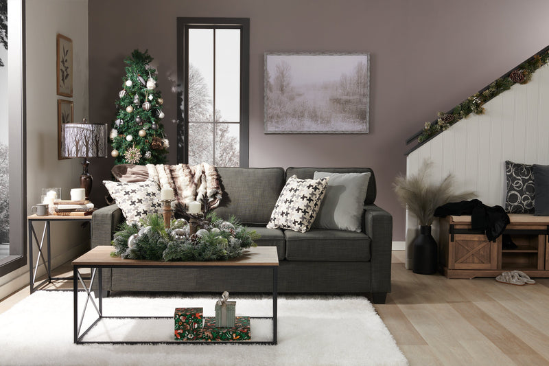 Made in Canada Sawyer 79\" Linen-Look Fabric Sofa with Reversible Cushions and Accent Pillows - Charcoal Grey
