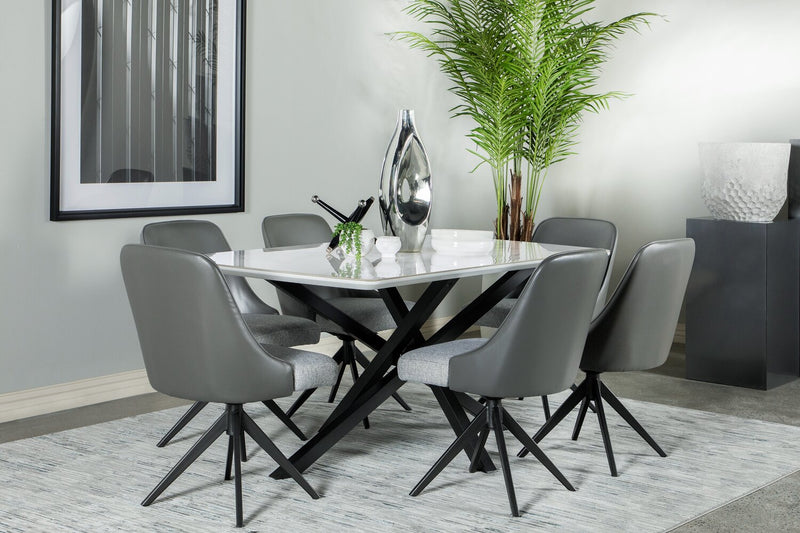 Bari Dining Table with Marble-Look Ceramic Top, Metal, Geometric Base, 63\"W - White